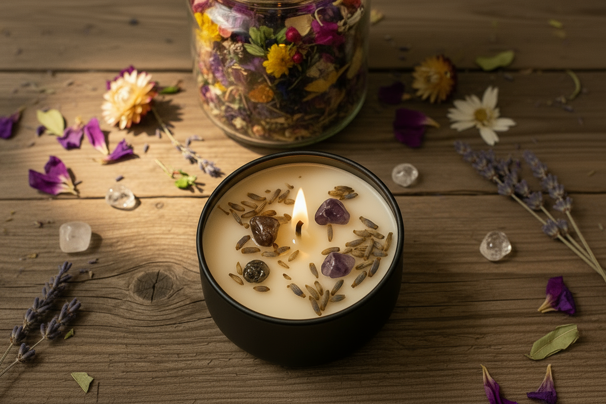 Cosmic Lavender Candle with lavender and crystals surrounded by dried flowers on a wooden table.